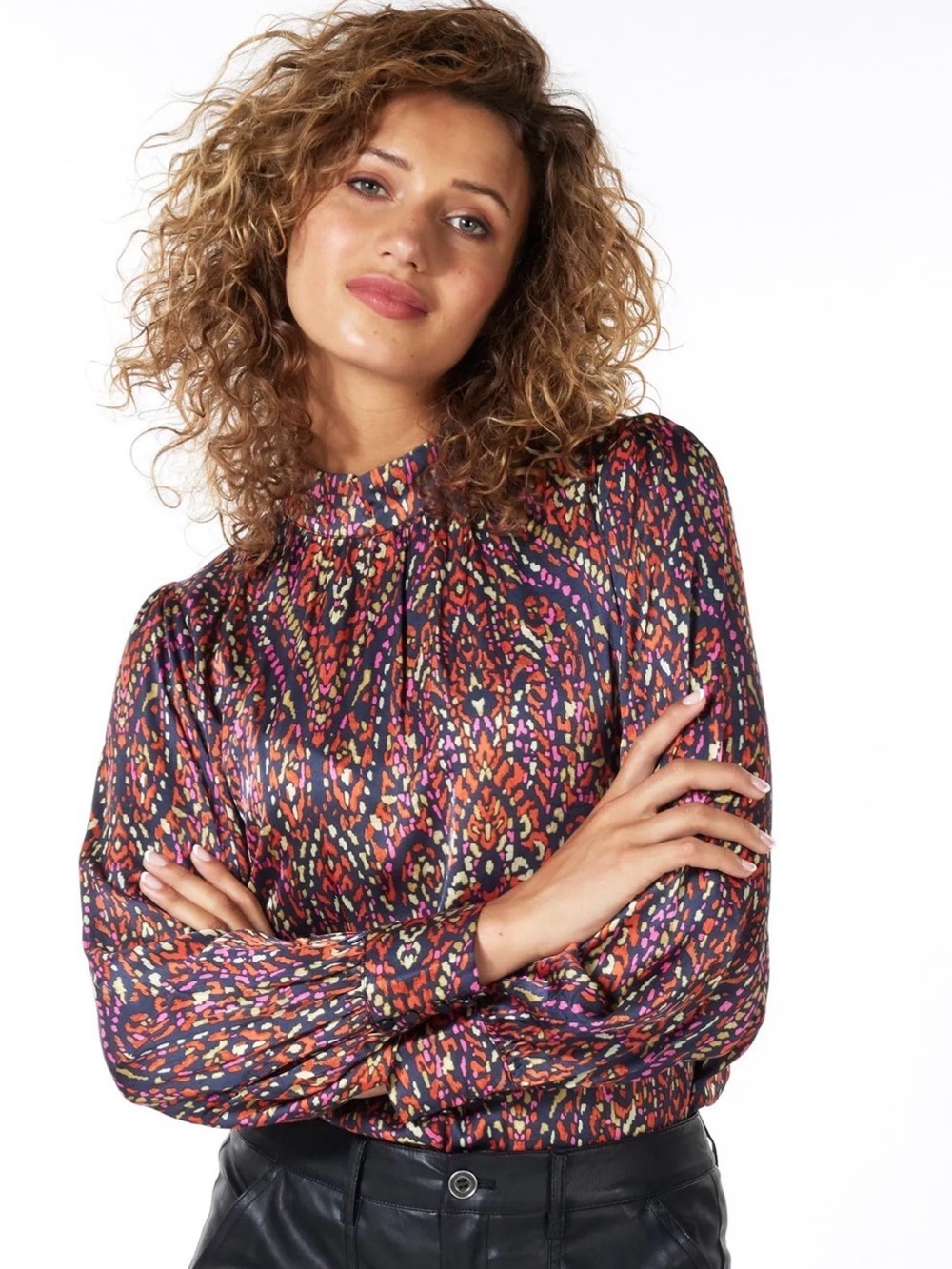 ESQUALO Multi-Color High-Neck Printed Blouse